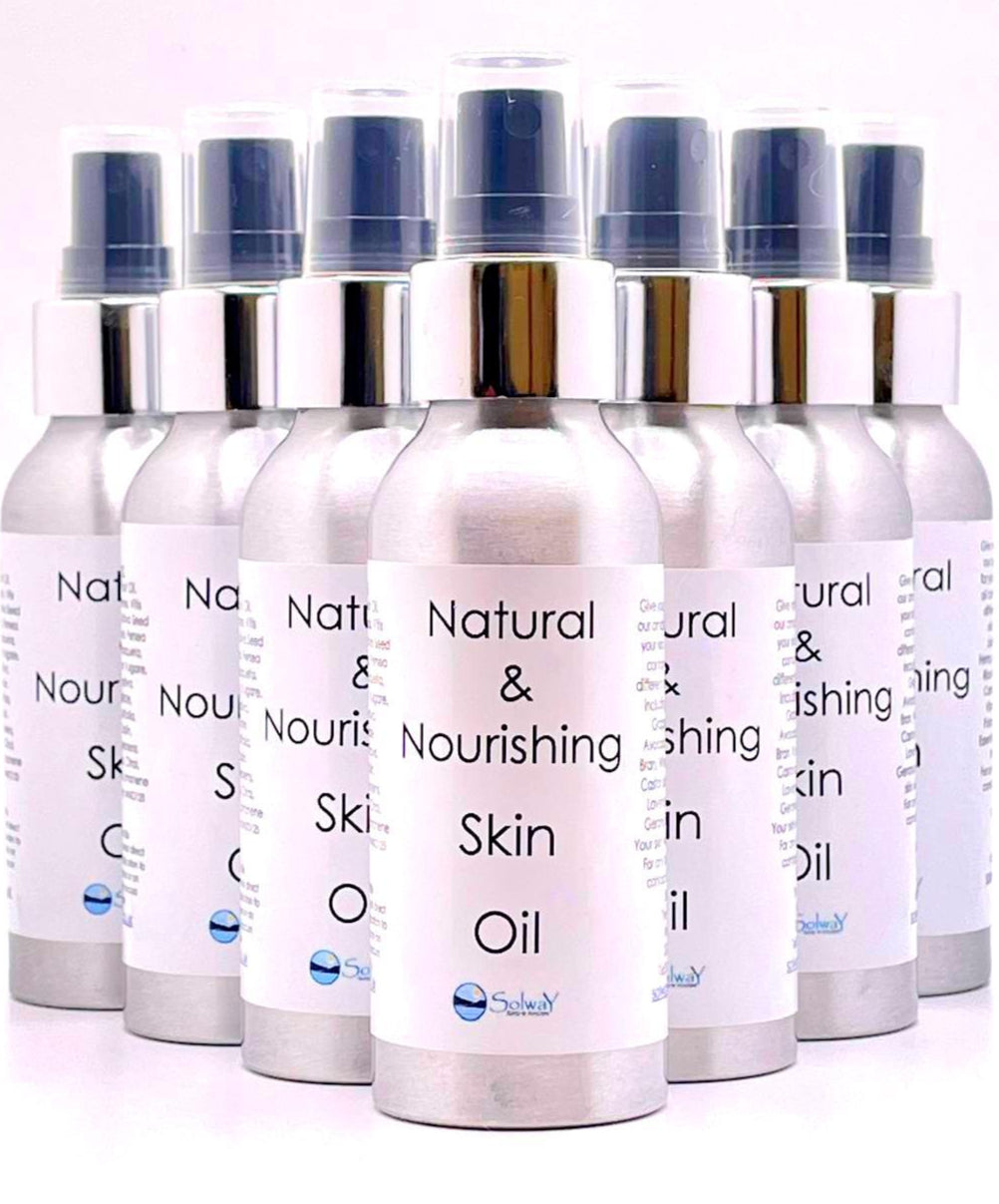 7 bottles of natural and nourishing skin oil in silver bottles with silver and black spray top bottles in triangle formation