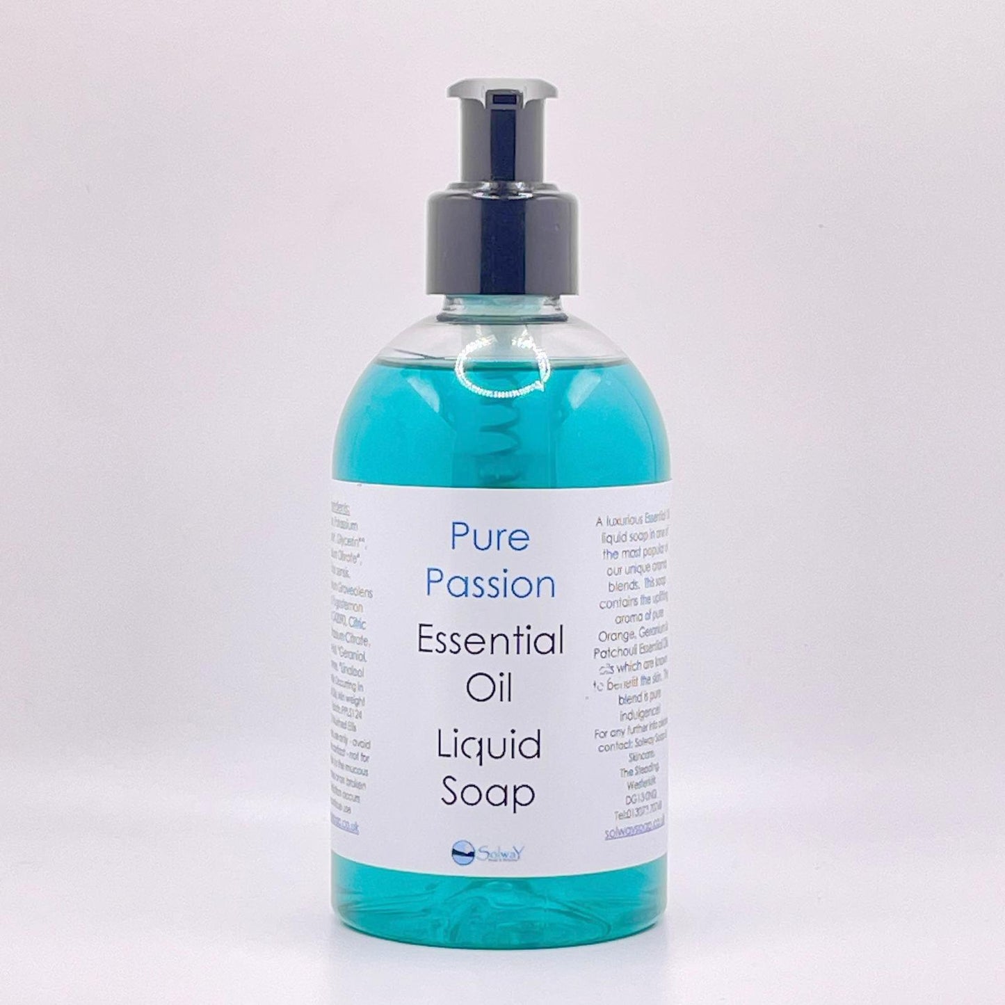 A large 250g recycled PET bottle with pump top containing natural handmade Passion liquid soap in a bright turquoise colour