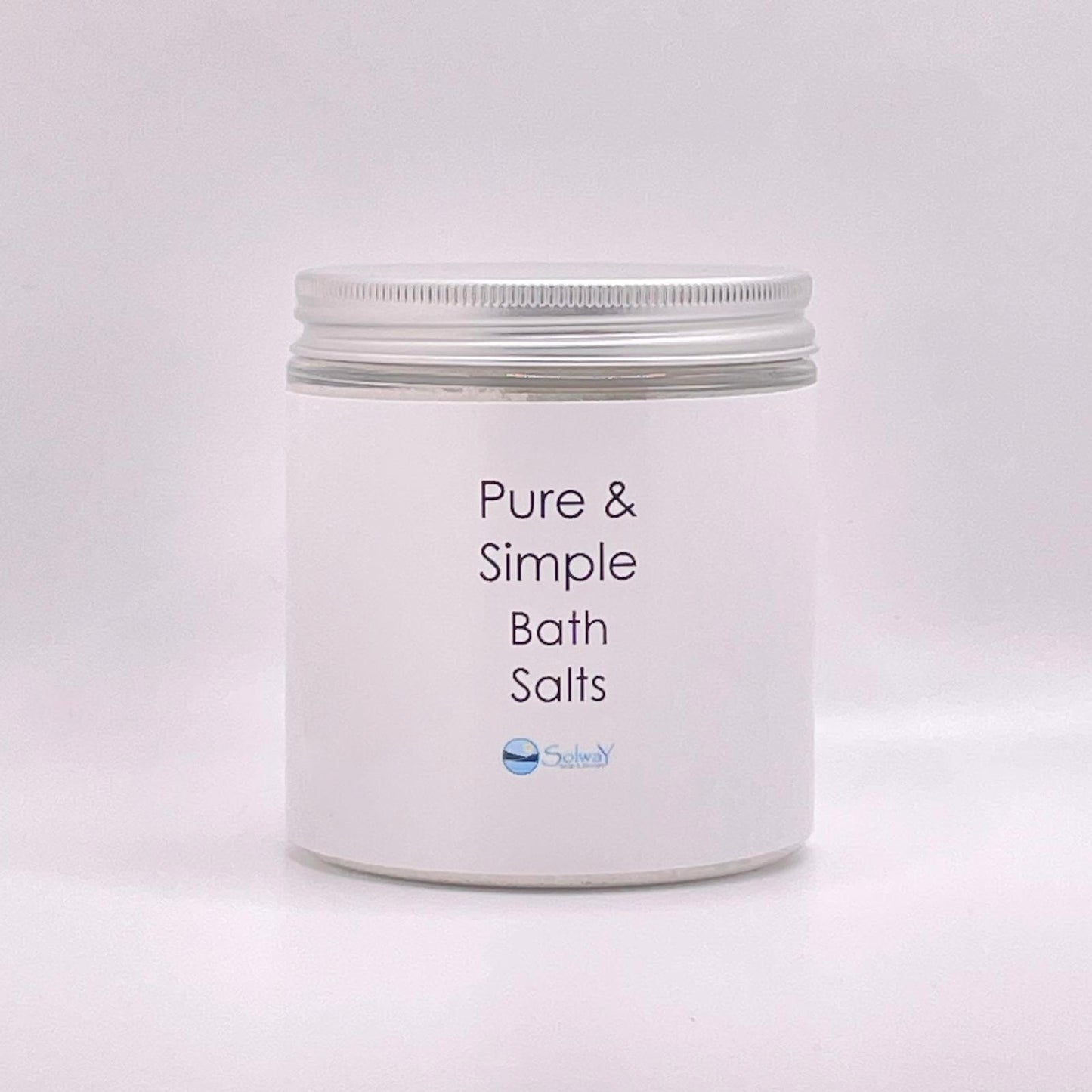 jar of pure and simple bath salts-white bath salts with no colour or fragrance added-large recycled PT jar with silver lid-white label against white backround