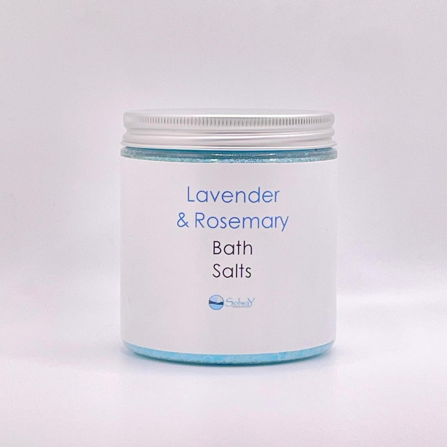 large jar of Lavender rosemary essential oil bath salts-Recycled PET jar with silver lid-blue bath salts with white label-white background