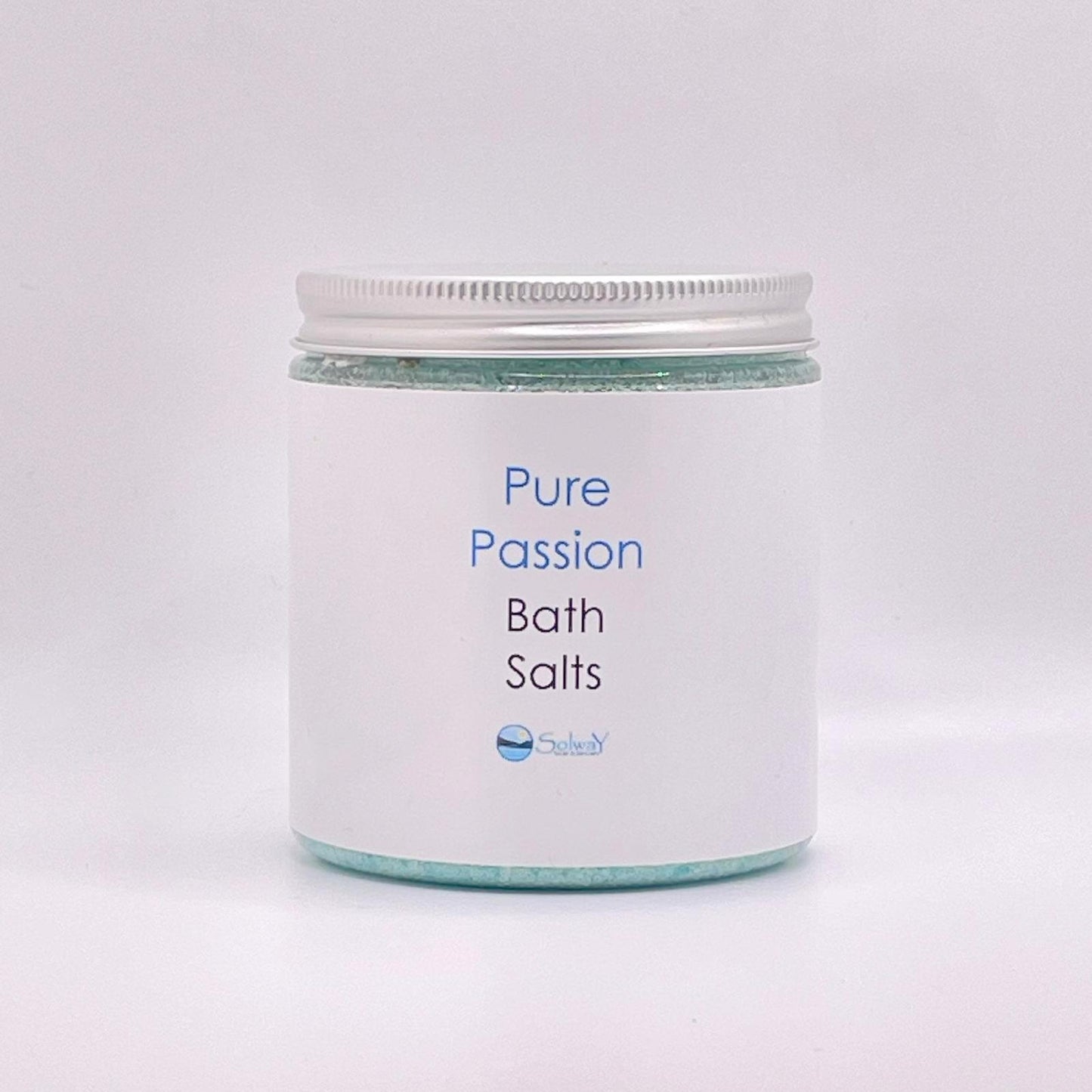 turquoise bath salt-orange, patchouli, geranium essential oils-dead sea, Himalayan and Epsom salts-large recycled PET jar with silver lid