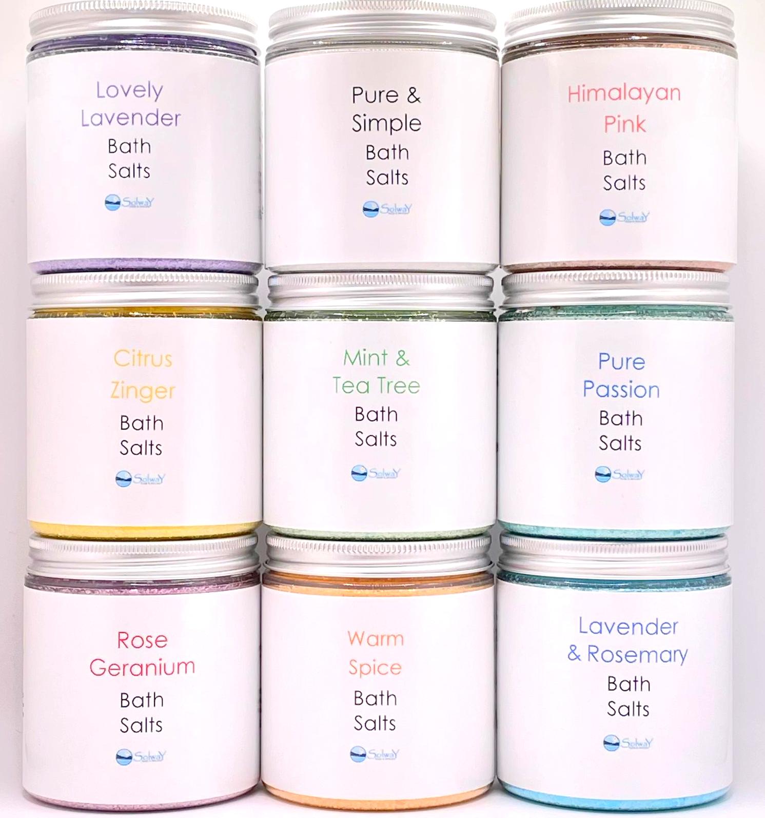 stacked jars of bath salts-nine different types-essential oil blends