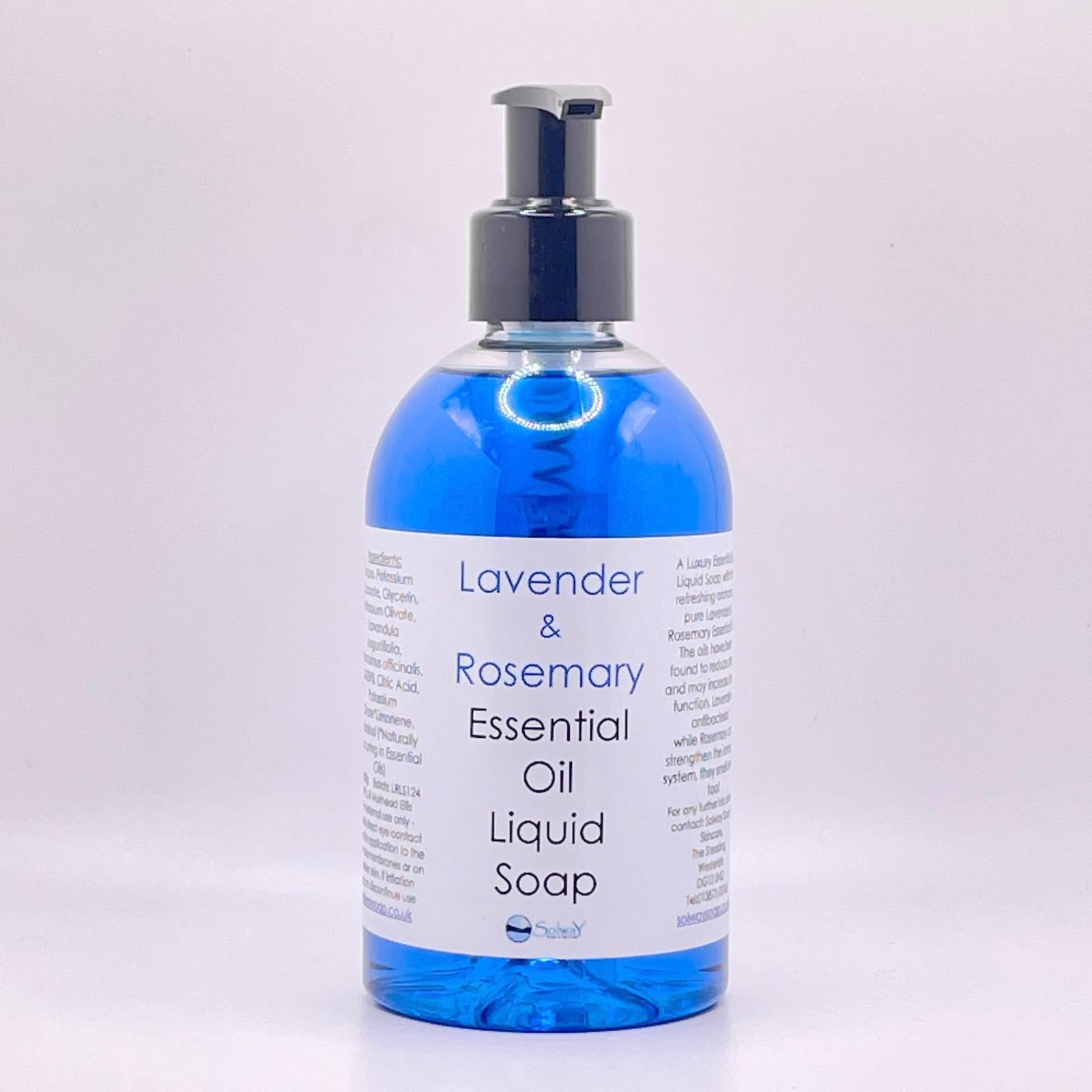 A large 250g recycled PET bottle with a pump top containing natural handmade  Lavender and Rosemary liquid soap in a bright blue colour
