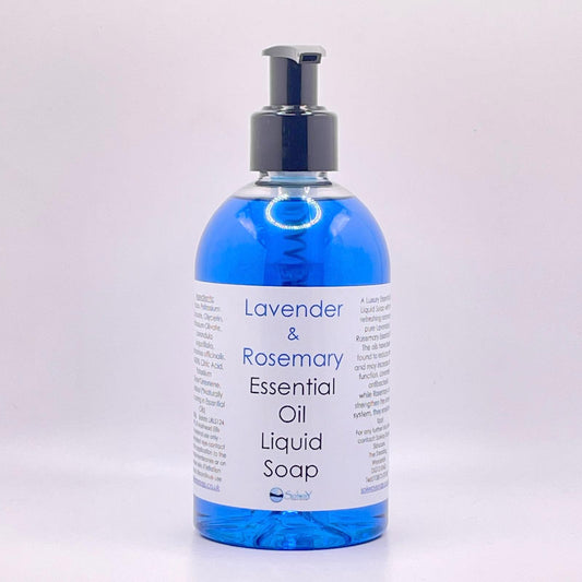A large 250g recycled PET bottle with a pump top containing natural handmade  Lavender and Rosemary liquid soap in a bright blue colour