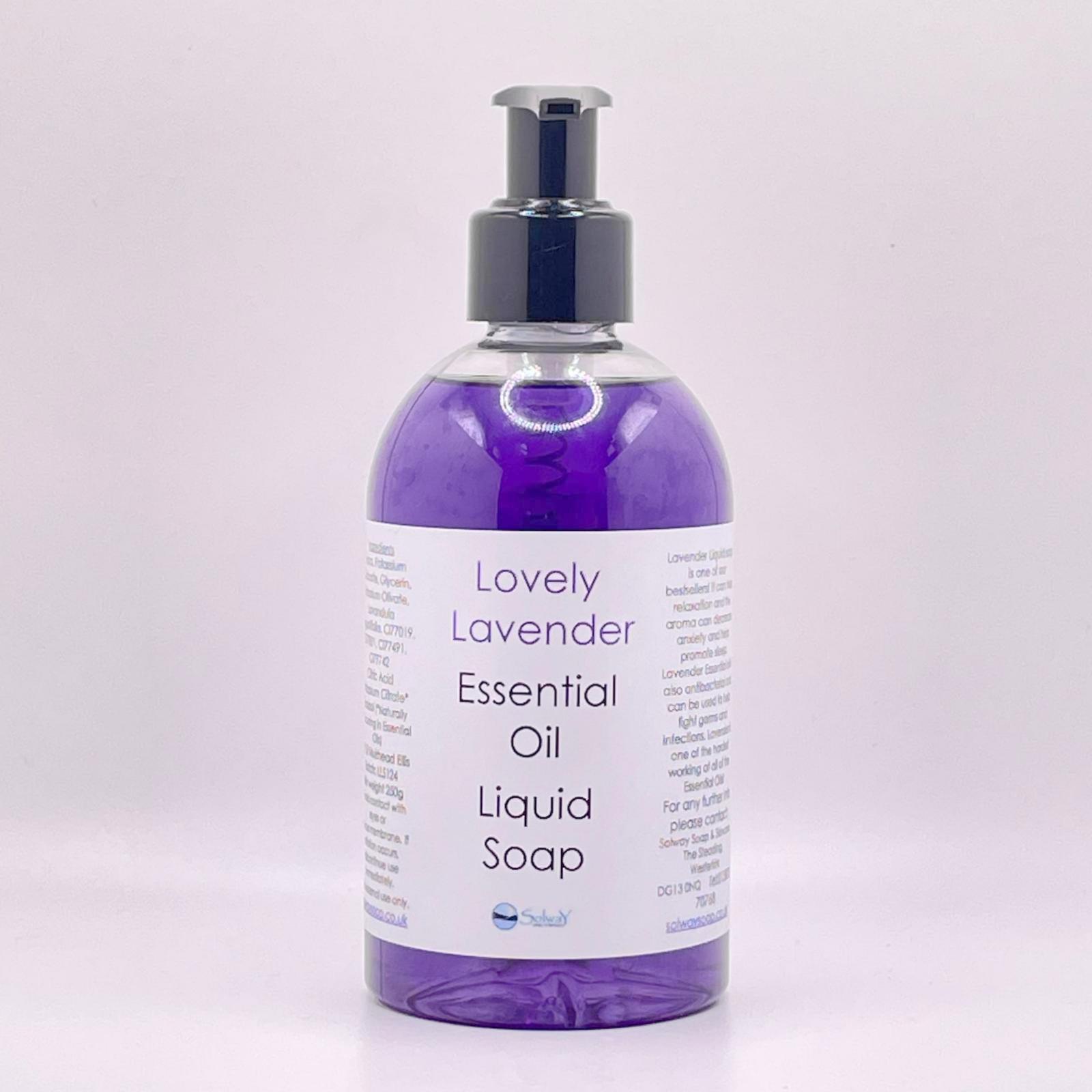 A large 250g recycled PET bottle with pump top containing natural handmade lavender essential oil quid soap in a bright purple colour
