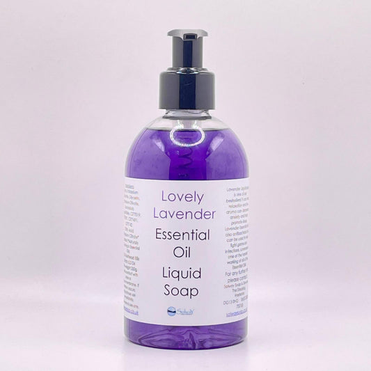 A large 250g recycled PET bottle with pump top containing natural handmade lavender essential oil quid soap in a bright purple colour