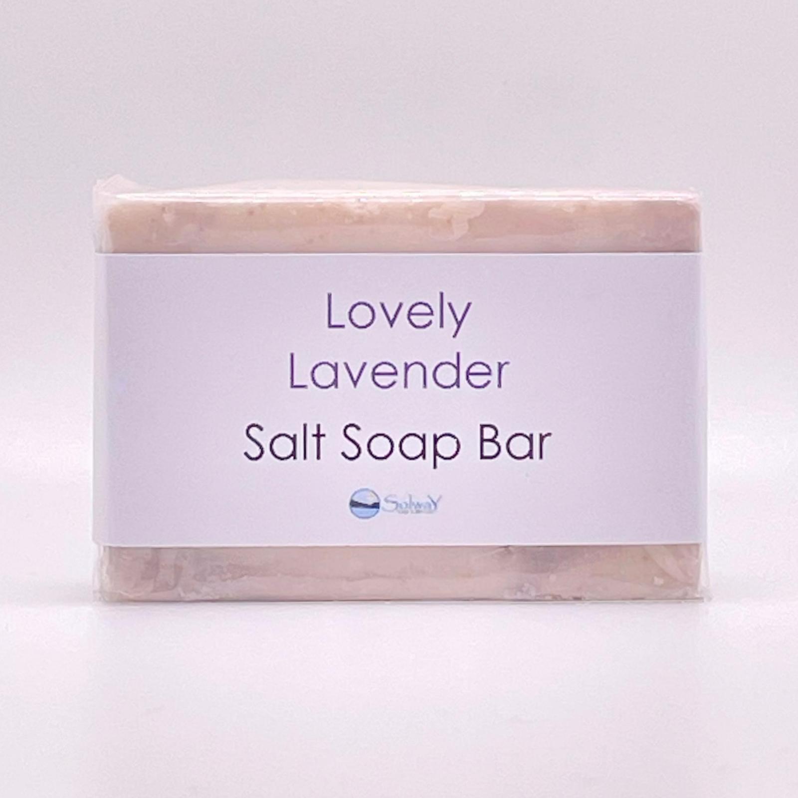 bar of lavender salt soap, front on. wrapped in compostable cellophane and a paper label.