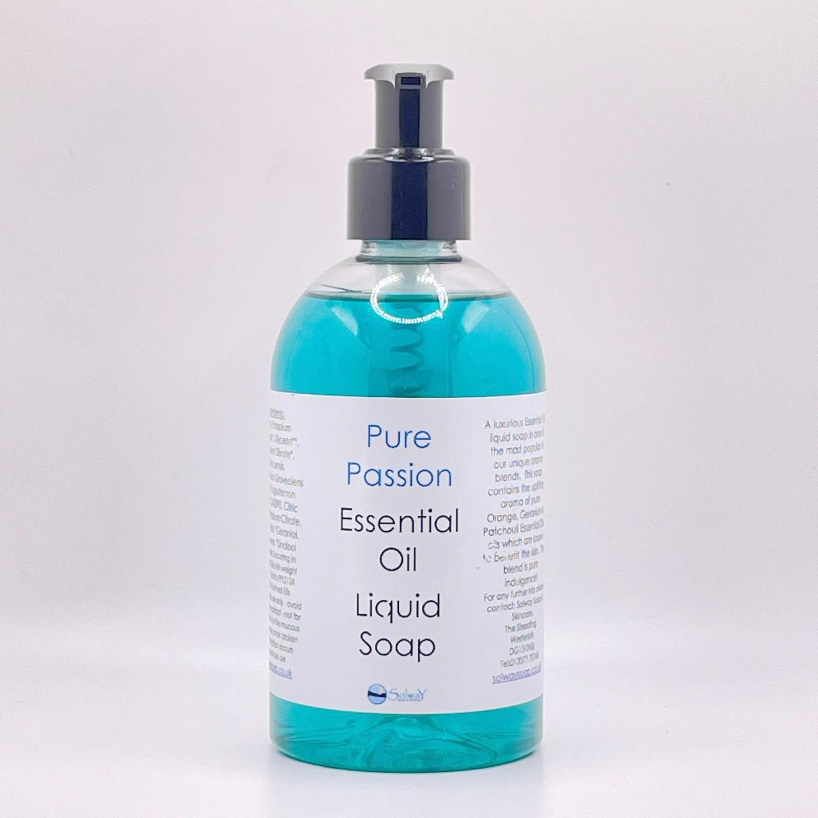 A large 250g recycled PET bottle with pump top containing natural handmade Passion liquid soap in a bright turquoise colour