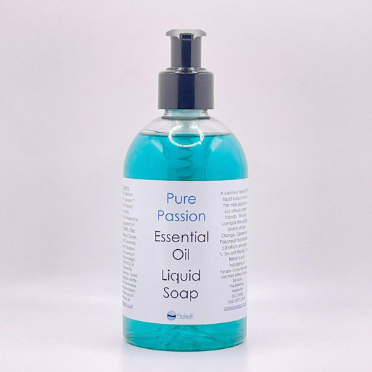A large 250g recycled PET bottle with pump top containing natural handmade Passion liquid soap in a bright turquoise colour