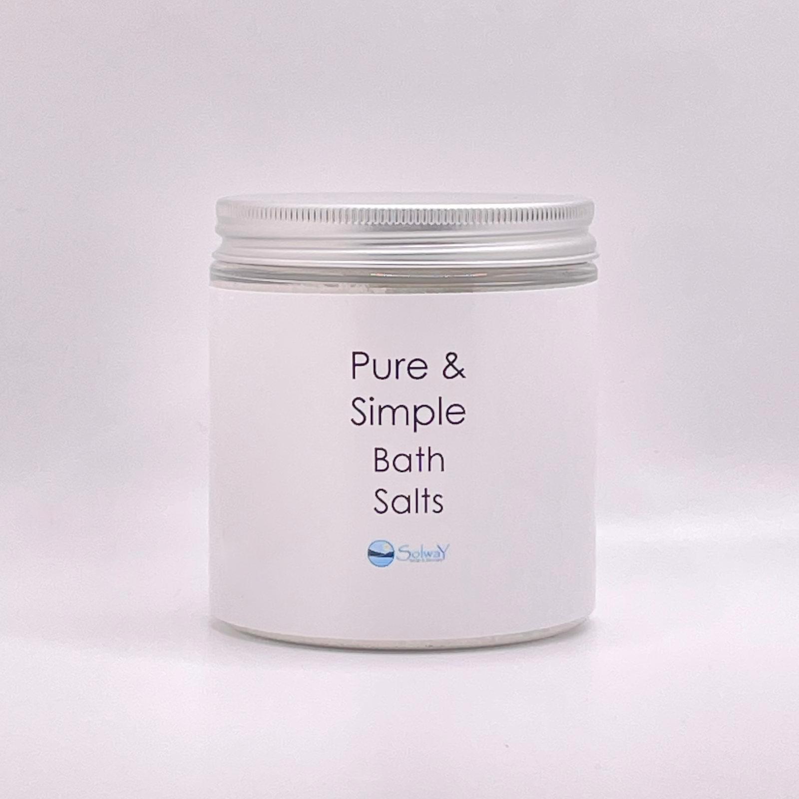 jar of pure and simple bath salts-white bath salts with no colour or fragrance added-large recycled PT jar with silver lid-white label against white backround