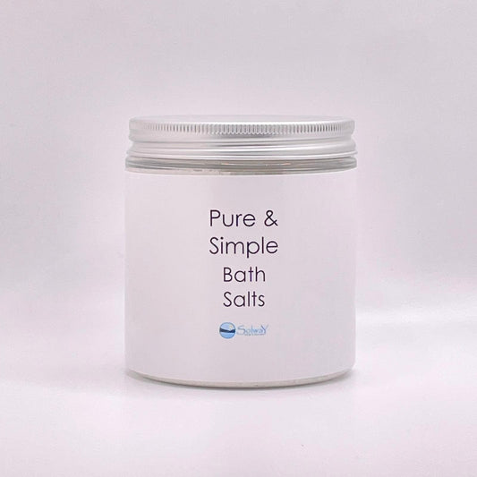 jar of pure and simple bath salts-white bath salts with no colour or fragrance added-large recycled PT jar with silver lid-white label against white backround