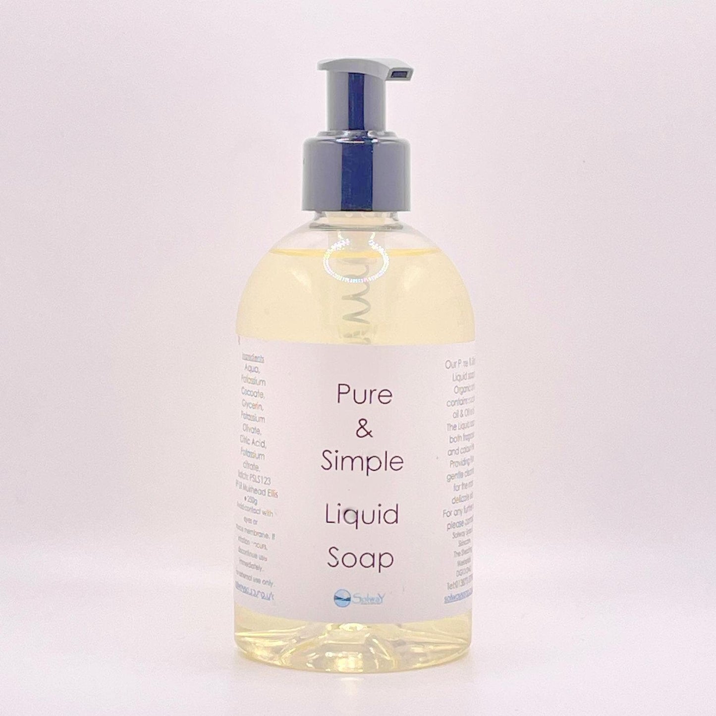 A large 250g recycled PET bottle with pump top containing natural handmade liquid soap in a clear transparent form