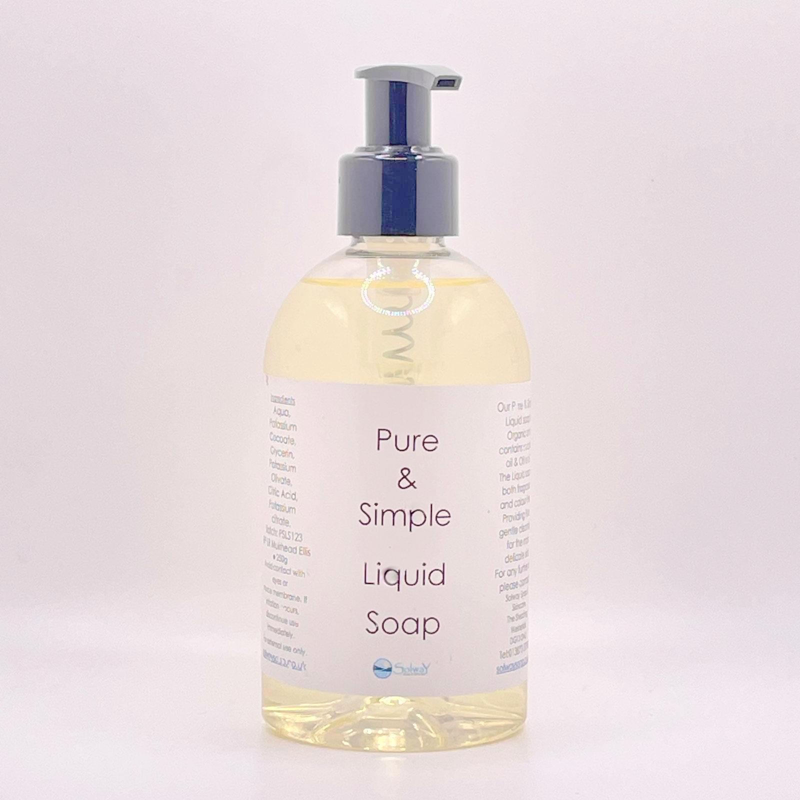 A large 250g recycled PET bottle with pump top containing natural handmade liquid soap in a clear transparent form