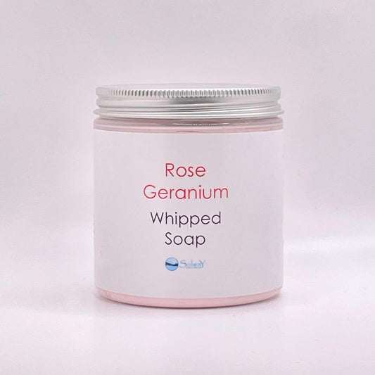 jar of rose garanium whipped soap with silver lid