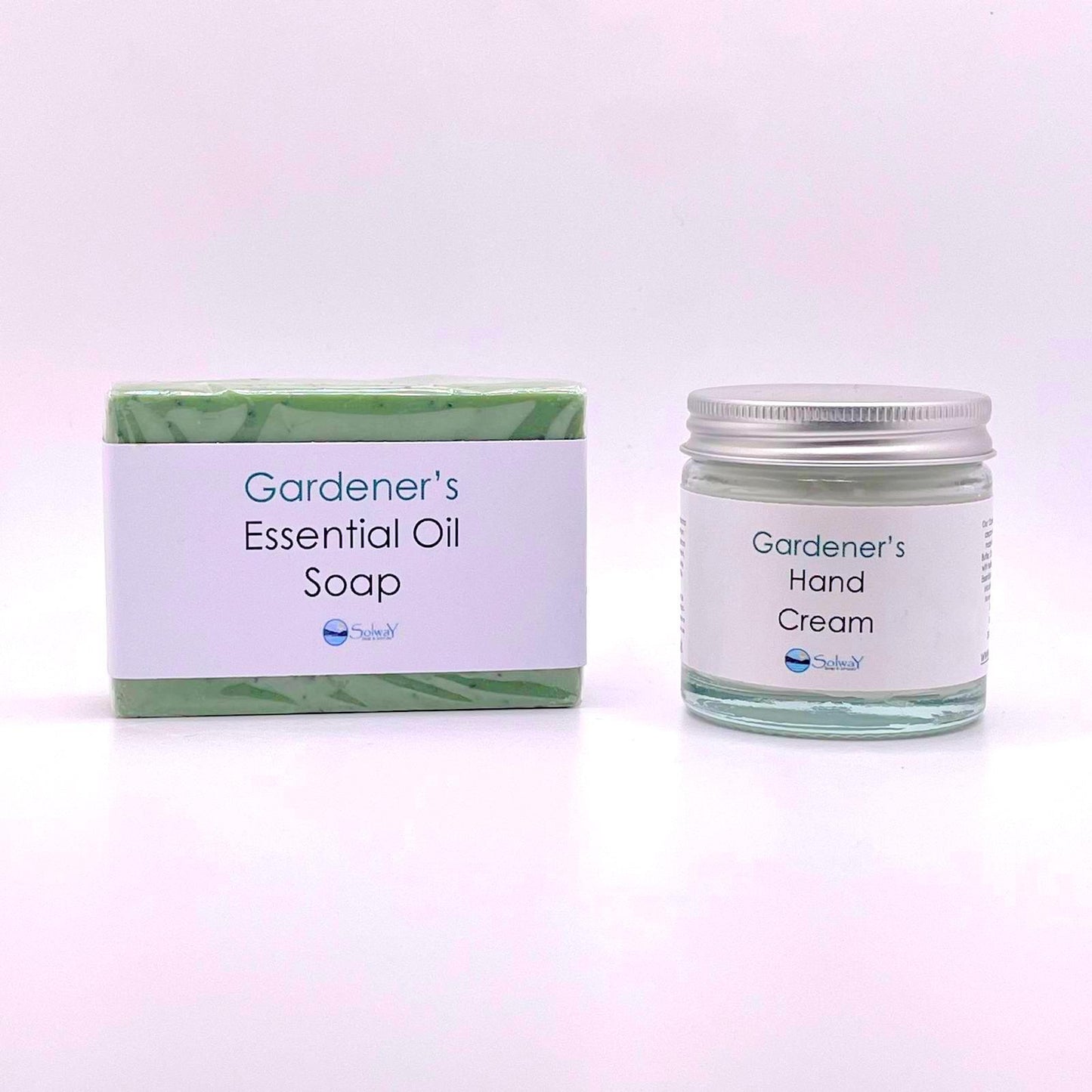 bar of handmade soap for gardeners and hand cream for gardeners in glass jar with silver lid