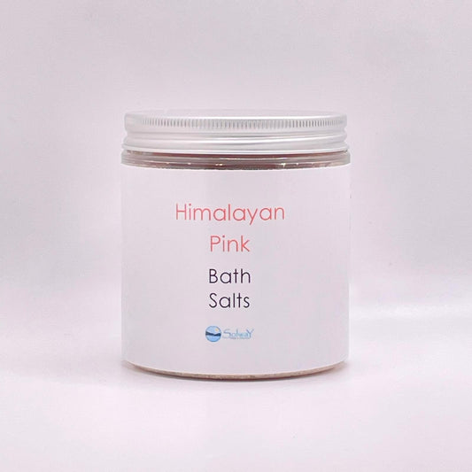 large jar of Himalayan pink bath salts-large recycled plastic jar with silver lid