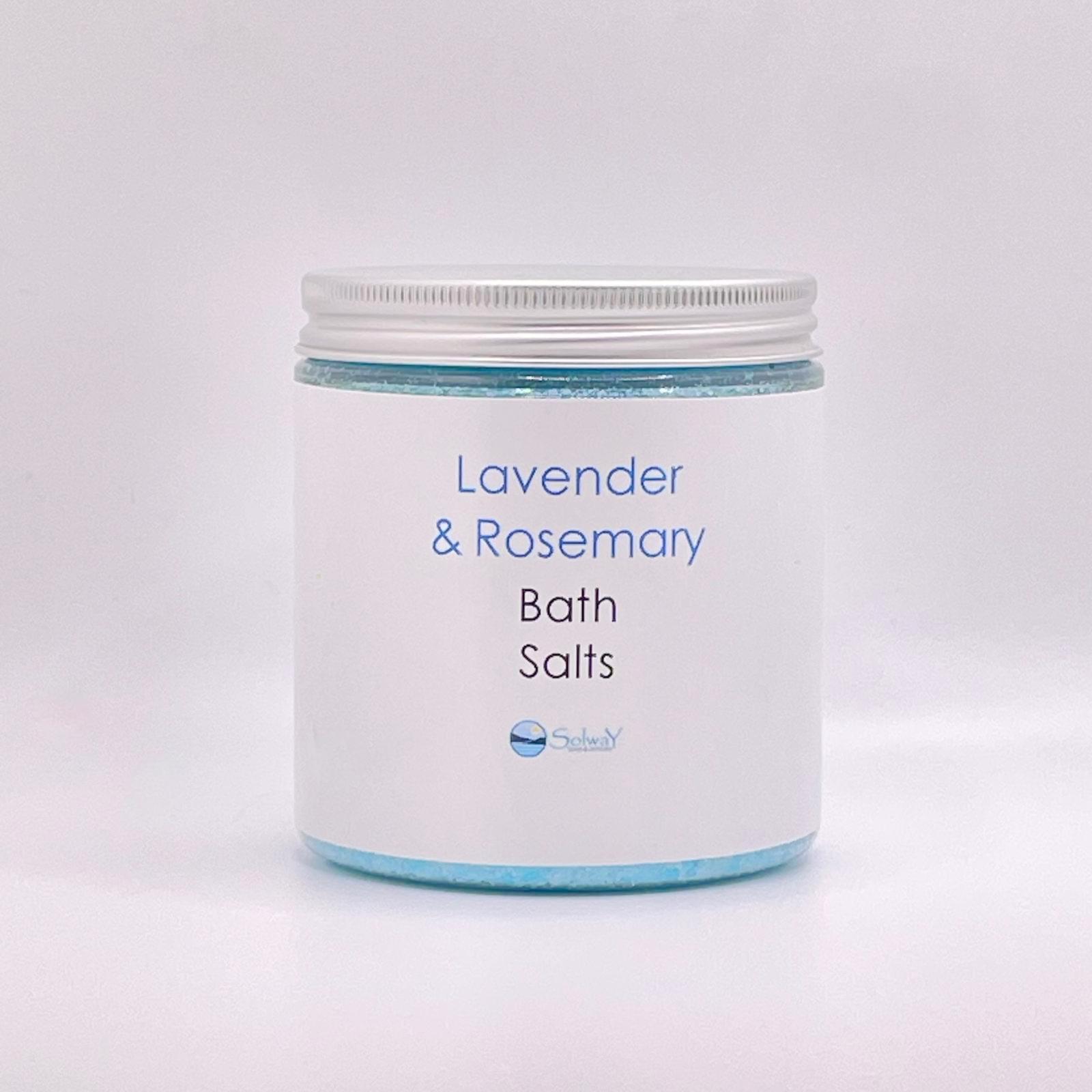 large jar of Lavender rosemary essential oil bath salts-Recycled PET jar with silver lid-blue bath salts with white label-white background