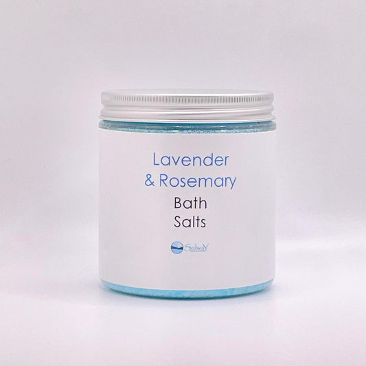 large jar of Lavender rosemary essential oil bath salts-Recycled PET jar with silver lid-blue bath salts with white label-white background