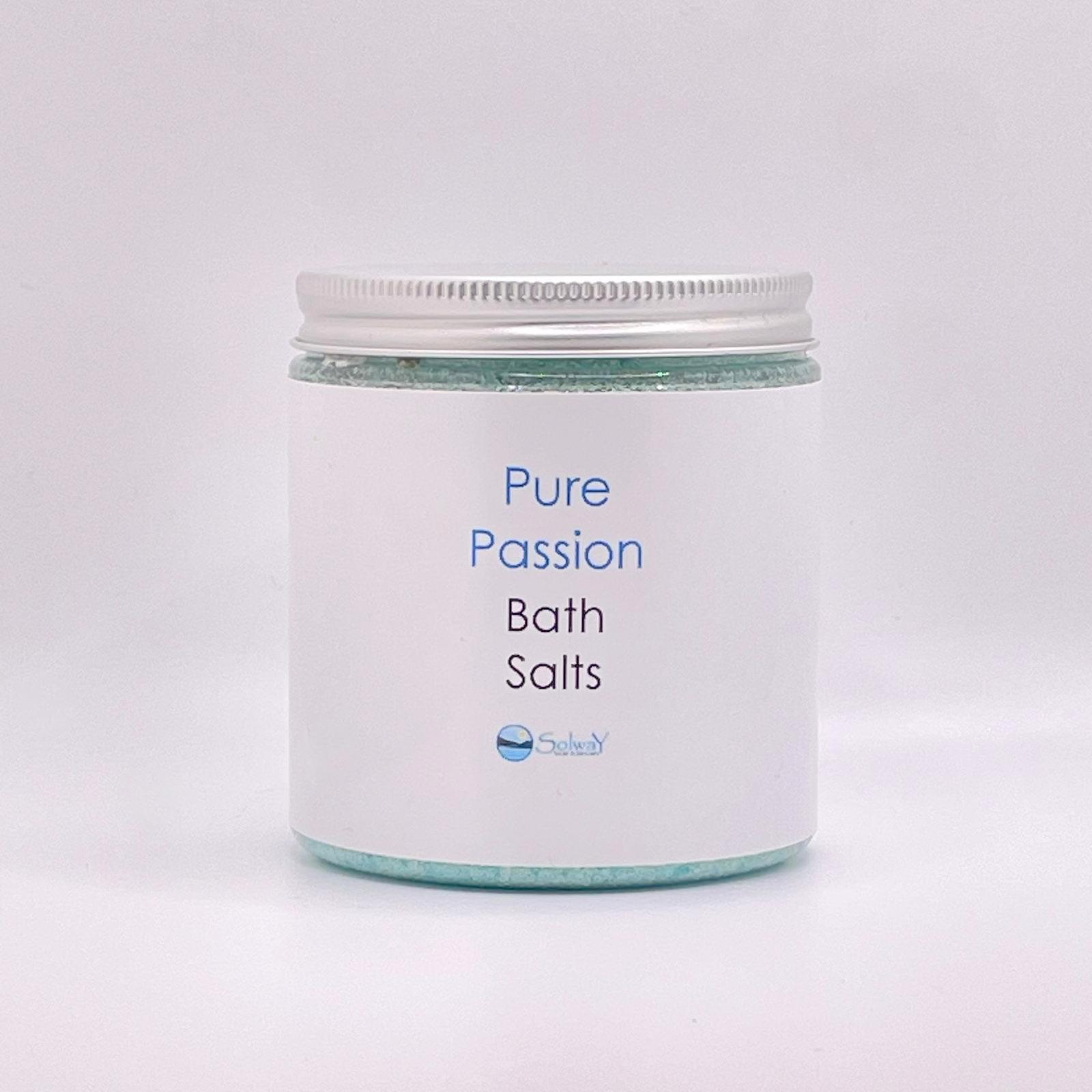 turquoise bath salt-orange, patchouli, geranium essential oils-dead sea, Himalayan and Epsom salts-large recycled PET jar with silver lid