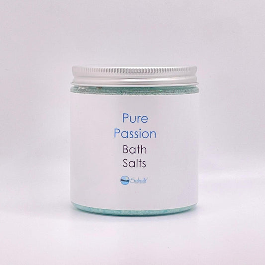 turquoise bath salt-orange, patchouli, geranium essential oils-dead sea, Himalayan and Epsom salts-large recycled PET jar with silver lid