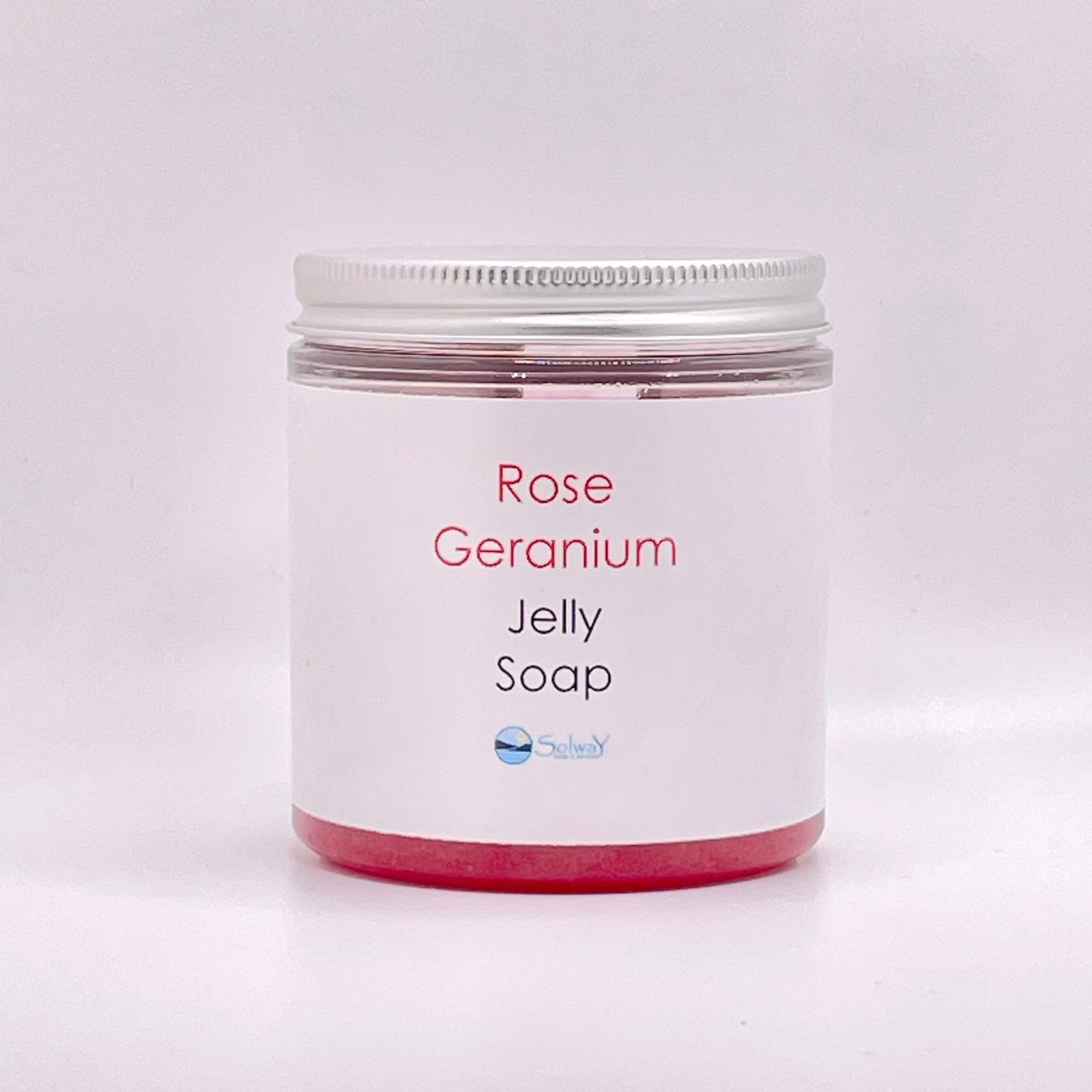 recycled jar of rose geranium jelly soap with silver lid 