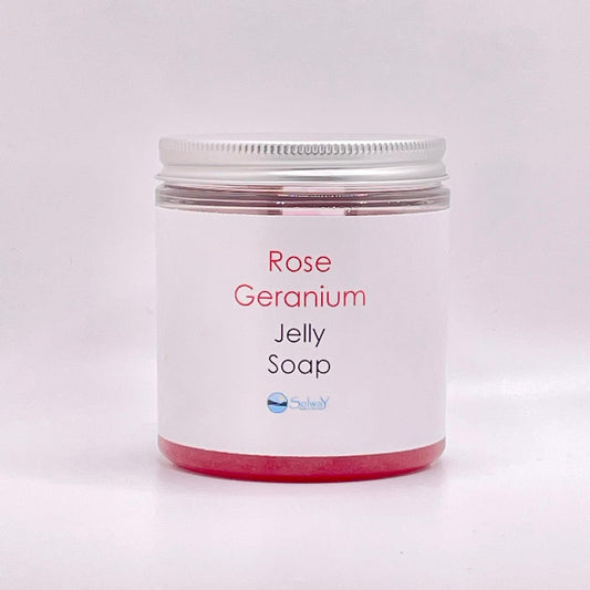 recycled jar of rose geranium jelly soap with silver lid 